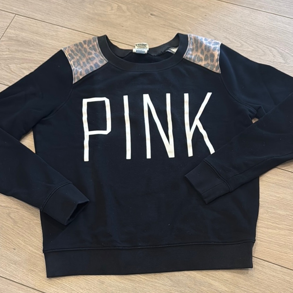PINK Victoria's Secret Black Crew Sweatshirt with Leopard Accents